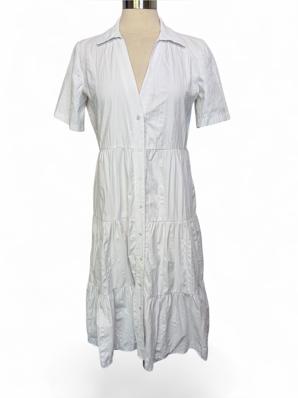 STRADIVARIUS Tiered Short-Sleeve‎ Midi Shirt Dress in White, Medium